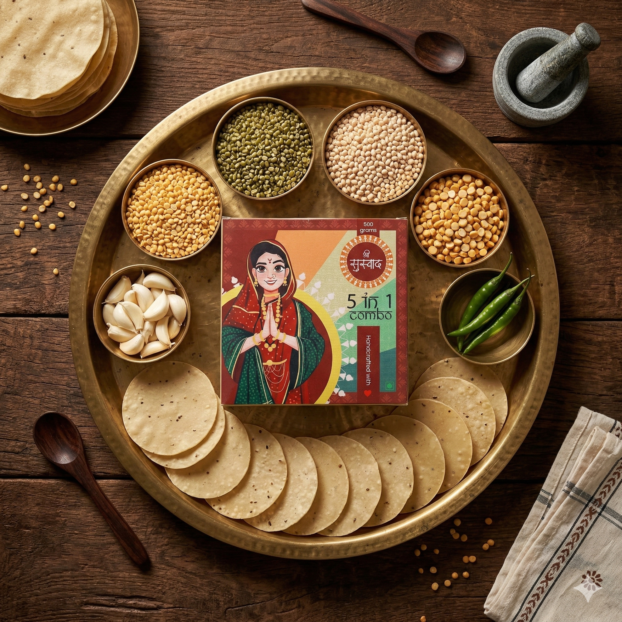 5 in 1 Combo Protein Papad(Punjabi Papad+Moong Papad+Garlic Papad+Chana Lasun Papad+Kasuri Methi Papad)